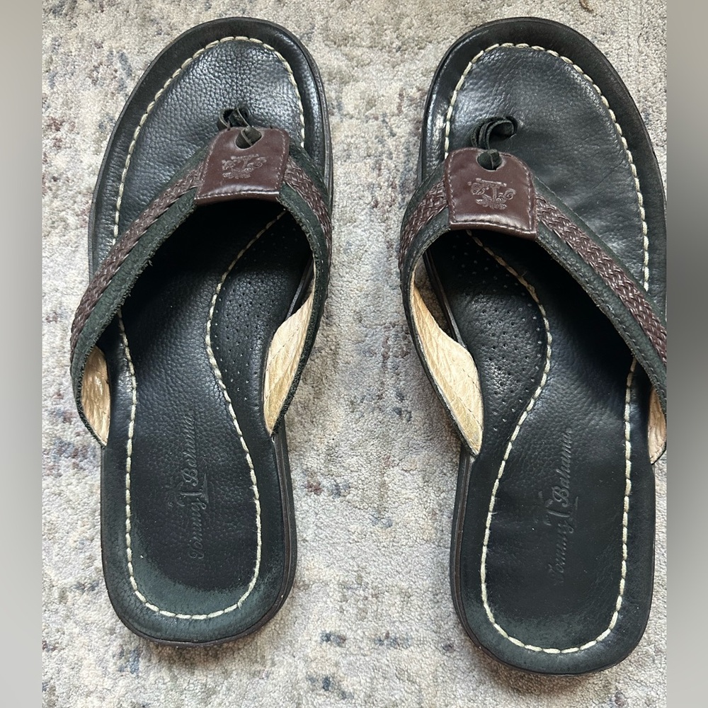 Tommy Bahama Black and Brown Leather Sandals with Contrast Stitching.